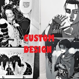 K&ouml;nnte beinhalten: Vier Schwarzwei&szlig;-Anime-Illustrationen auf wei&szlig;em Papier, jede mit einem anderen Charakter. Die Illustrationen sind auf schwarzen St&auml;ndern montiert. Der Text "CUSTOM DESIGN" ist in roten Buchstaben in der Mitte des Bildes geschrieben.