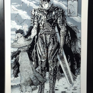 K&ouml;nnte beinhalten: Schwarzwei&szlig;illustration einer gro&szlig;en, gepanzerten Figur mit einem Schwert, die neben einer kleineren Figur steht, die einen gro&szlig;en Hut und ein langes Kleid tr&auml;gt. Der Hintergrund ist ein bew&ouml;lkter Himmel mit fliegenden V&ouml;geln.