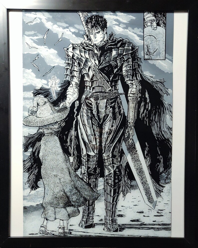 K&ouml;nnte beinhalten: Schwarzwei&szlig;illustration einer gro&szlig;en, gepanzerten Figur mit einem Schwert, die neben einer kleineren Figur steht, die einen gro&szlig;en Hut und ein langes Kleid tr&auml;gt. Der Hintergrund ist ein bew&ouml;lkter Himmel mit fliegenden V&ouml;geln.