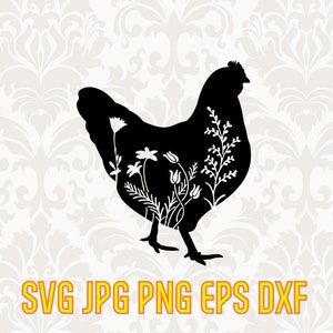 Silhouette florale de svg de poulet, clipart de poule de vecteur, dessin floral de coq, clipart imprimable de poulet, conception d'animal de ferme, svg de poussin