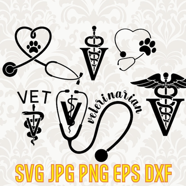 Veterinarian svg emblem, digital caduceus vet logo silhouette, pet doctor printable design, instant download animal doctor print