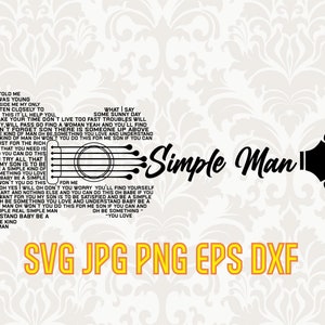Letras de canciones de hombre sencillo, silueta de guitarra vectorial, clipart de fanático de la música rock, letras de canciones svg para imprimir en la pared