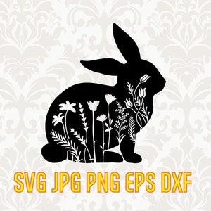 Floral lapin svg, svg de lapin, silhouette de lapin, clipart printemps