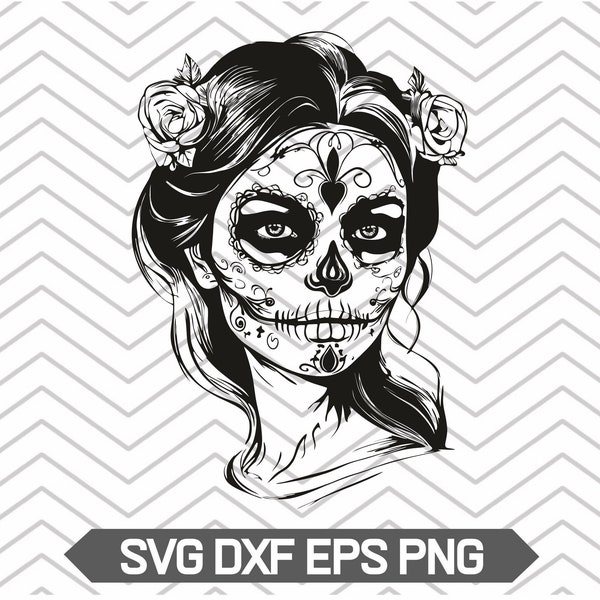 Sugar skull girl svg, sugar skull svg, girl skull silhouette, skeleton girl, woman skull clipart