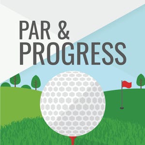 Puede incluir: Una bola de golf blanca en un campo de golf verde con una bandera roja en el fondo. El texto "PAR & PROGRESS" está en la parte superior de la imagen.