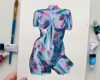 Naked Woman Torso Painting in Blue Acrylic, Naked female portrait on A4 paper, Body positive painting