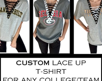 Custom Vintage Lace Up Shirt, Custom College, College Graduation Gift,Custom Shirt, Vintage Shirt, Bed Decorating, Tailgate tops, Sports Tee