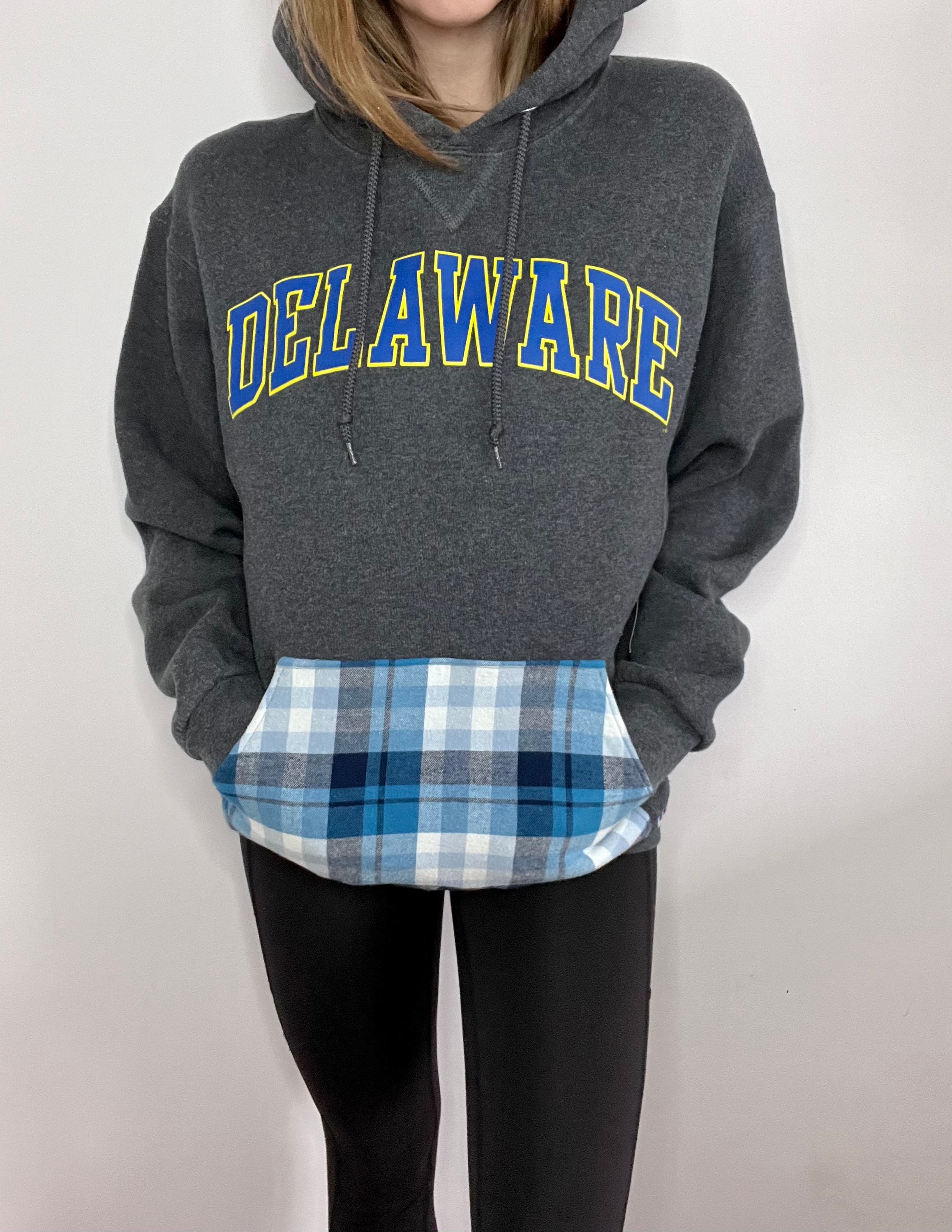 UCLA Bruins logo on upcycled flannel shirt. Custom-made to YOUR size
