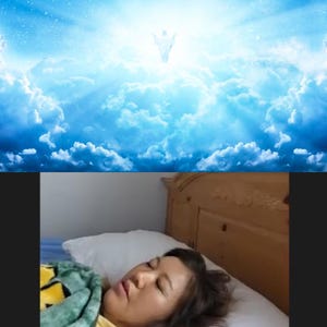 May include: A digital art piece depicting a person sleeping in a bed, with a bright blue sky filled with clouds above. The sky has a bright light shining through the clouds. The person is covered with a blanket.