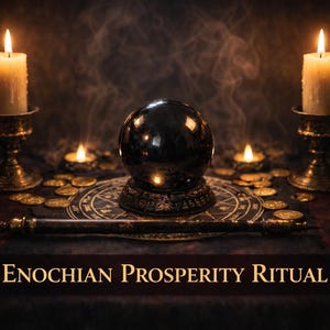 Puede incluir: Una escena mística con una bola de cristal, velas y monedas de oro. Dos velas encendidas flanquean la bola de cristal, con velas más pequeñas y monedas dispersas. El texto "Enochian Prosperity Ritual" se muestra en la parte inferior.
