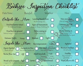 Blue & Green Hexagon Beehive inspection checklist ~ beekeeping notes ~ honey bee journal ~ beekeeper tip sheet ~ beekeeping supplies ~ PDF