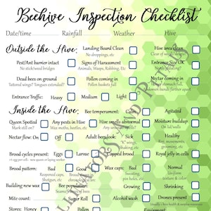 White & Green Hexagon Beehive inspection checklist beekeeping notes honey bee journal beekeeper tip sheet beekeeping supplies PDF image 1