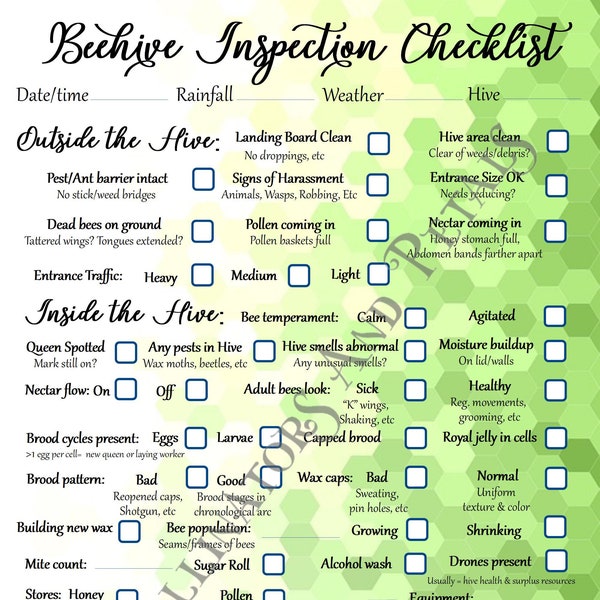 Beehive Inspection Sheet Etsy