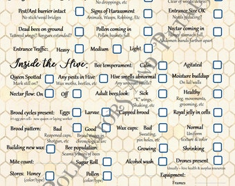 Beige Honeycomb Beehive inspection checklist ~ beekeeping notes ~ honey bee journal ~ beekeeper tip sheet ~ beekeeping supplies ~ PDF