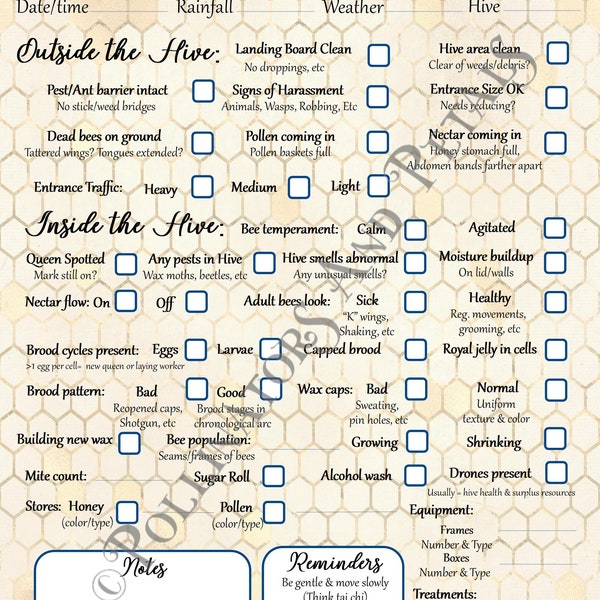 Beige Honeycomb Beehive inspection checklist ~ beekeeping notes ~ honey bee journal ~ beekeeper tip sheet ~ beekeeping supplies ~ PDF