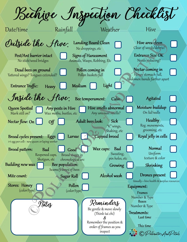 White & Green Hexagon Beehive Inspection Checklist ~ Beekeeping Notes ...