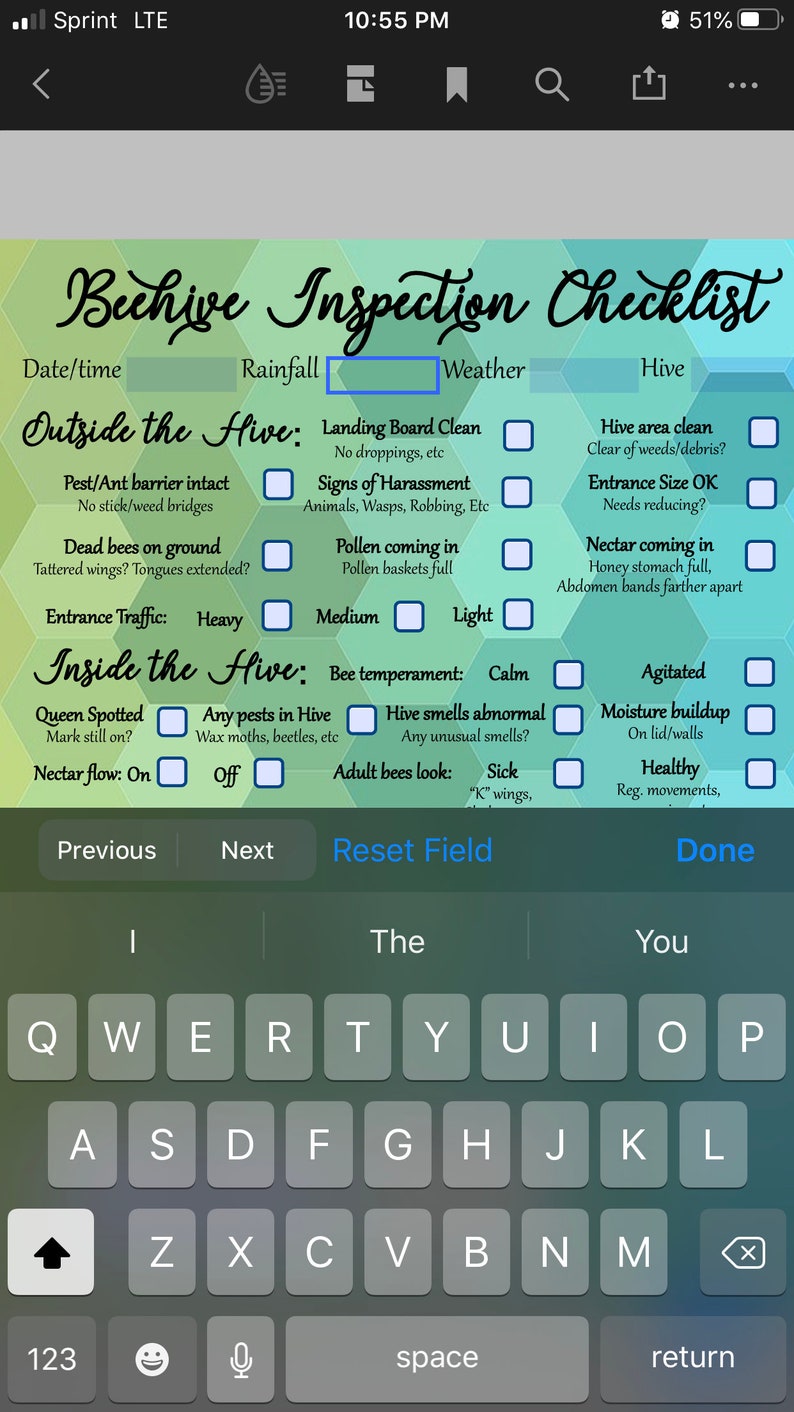 Mobile Fillable PDF ~ Beehive Inspection Checklist ~ Beekeeping Notes ...