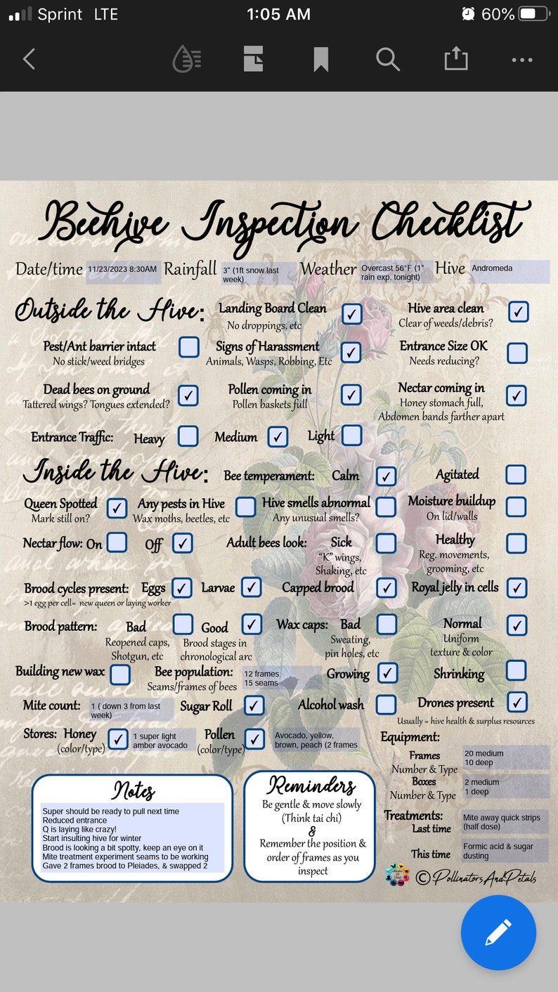 Mobile Fillable PDF ~ Beehive Inspection Checklist ~ Beekeeping Notes ...