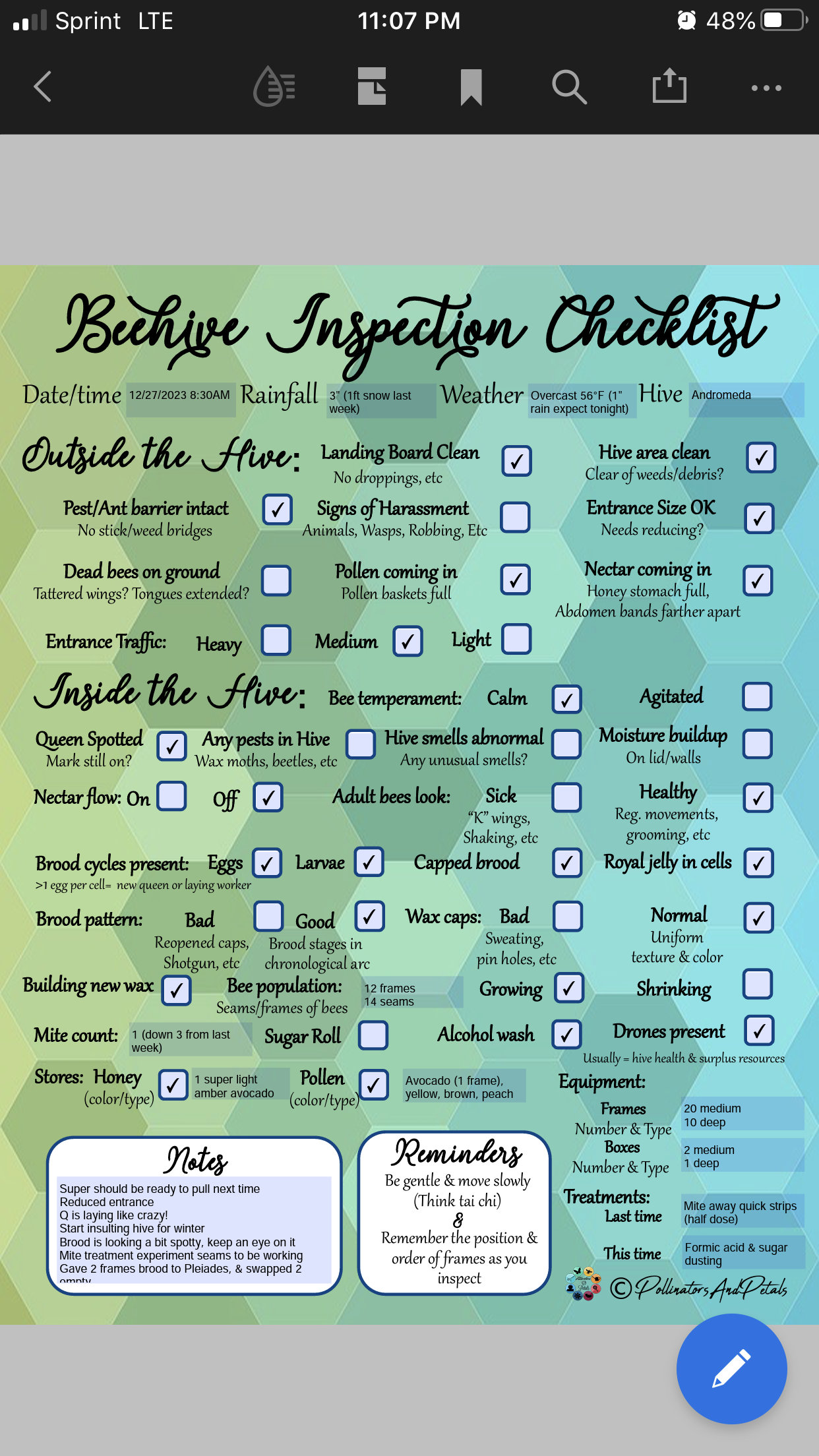 Mobile Fillable PDF ~ Beehive Inspection Checklist ~ Beekeeping Notes ...