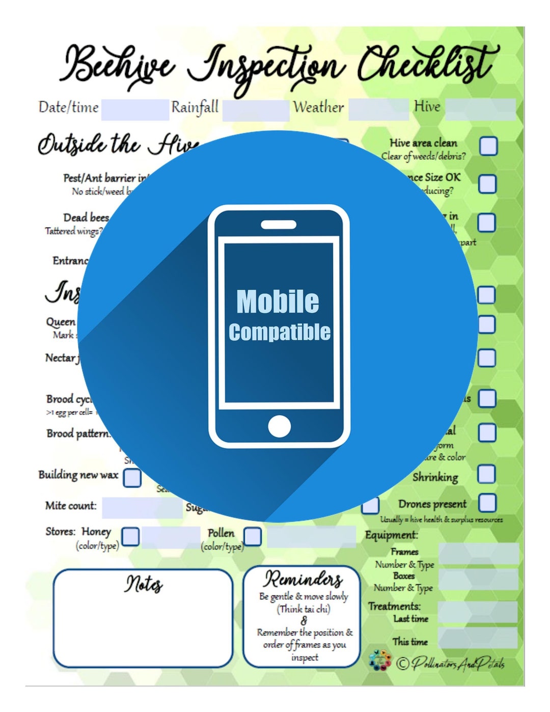 Mobile Fillable PDF ~ Beehive Inspection Checklist ~ Beekeeping Notes ...