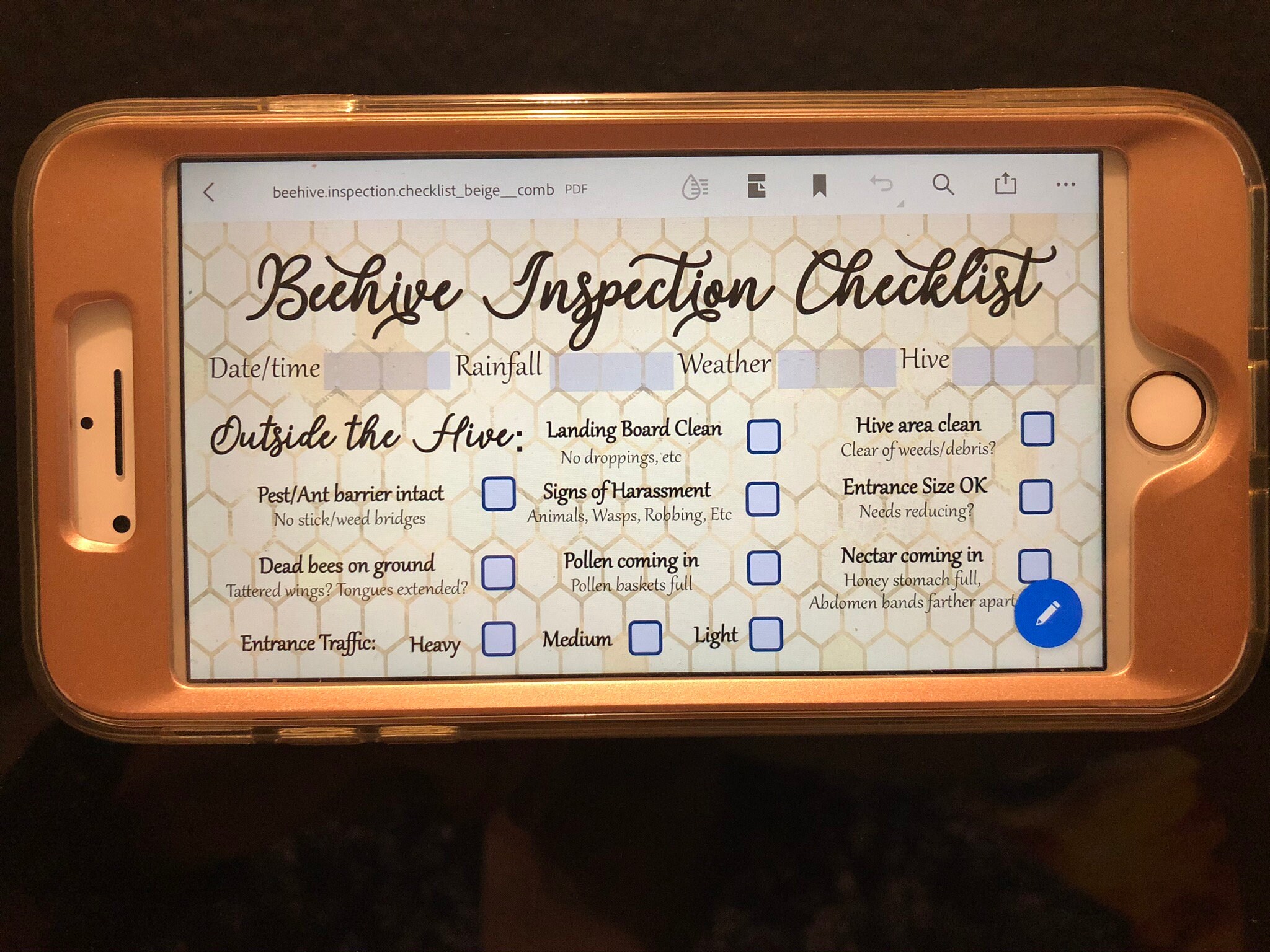 Mobile Fillable PDF ~ Beehive Inspection Checklist ~ Beekeeping Notes ...