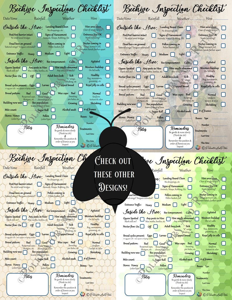 White & Green Hexagon Beehive inspection checklist beekeeping notes honey bee journal beekeeper tip sheet beekeeping supplies PDF image 6