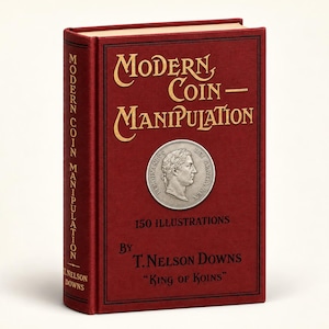 Pode incluir: Um livro de capa dura intitulado Modern Coin Manipulation por T. Nelson Downs, King of Koins. A capa é vermelho-escura com letras douradas e uma ilustração central de uma moeda prateada com um retrato de perfil. Inclui 150 ilustrações.