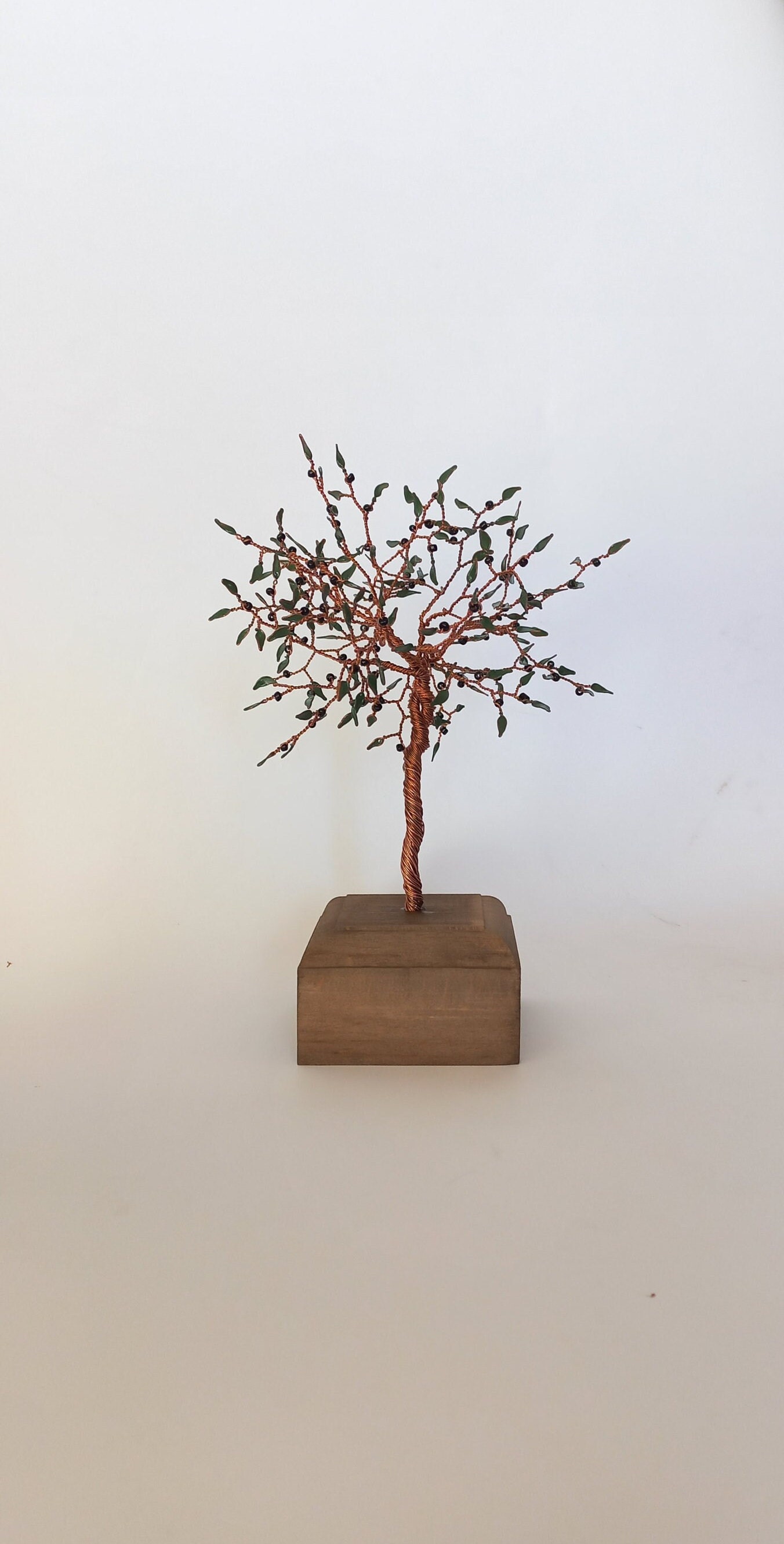 Einzigartige Olivenbaum Skulptur,Kupferdraht,Draht Skulptur, Draht Baum,Emaille,Holz, Kunstobjekt