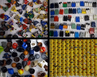 May include: A collection of Lego minifigure parts, including heads, torsos, legs, and accessories. The parts are arranged in rows and columns on a white surface. There are a variety of colors and designs, including yellow, blue, red, green, and black.
