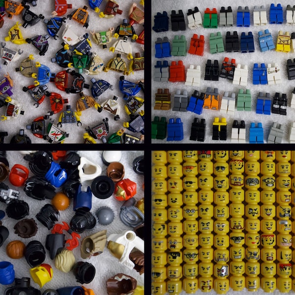 Lego Minifigure Body Parts Set: (20x) Piece Lot Head, Torso, Legs & Headgear