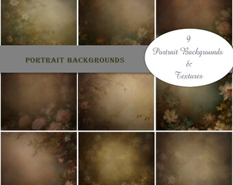 Może przedstawiać: Dziewięć cyfrowych tła i tekstur o miękkiej, vintage estetyce z kwiatowymi detalami w odcieniach zieleni, brązu i bieli. Tekst "Portrait Backgrounds & Textures" jest wyświetlany w kółku.