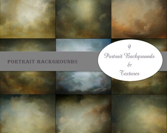 May include: Nine digital backgrounds featuring a variety of cloudy skies in muted tones of brown, green, blue, and white. The text "Portrait Backgrounds & Textures" is displayed on a gray banner.