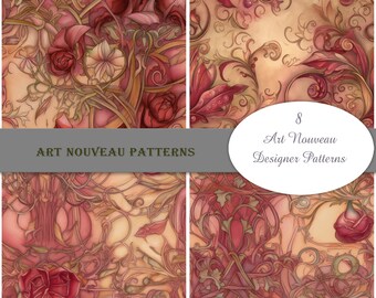 May include: A set of eight Art Nouveau designer patterns featuring intricate floral designs with red, pink, and green accents on a cream background.