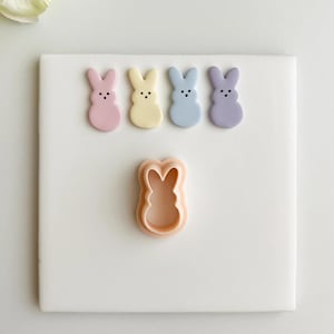 May include: An assortment of pastel-colored bunny-shaped candies and a matching cookie cutter. The candies are pink, yellow, blue, and purple, each with three small dot details. The cookie cutter is peach-colored and in the shape of a bunny.