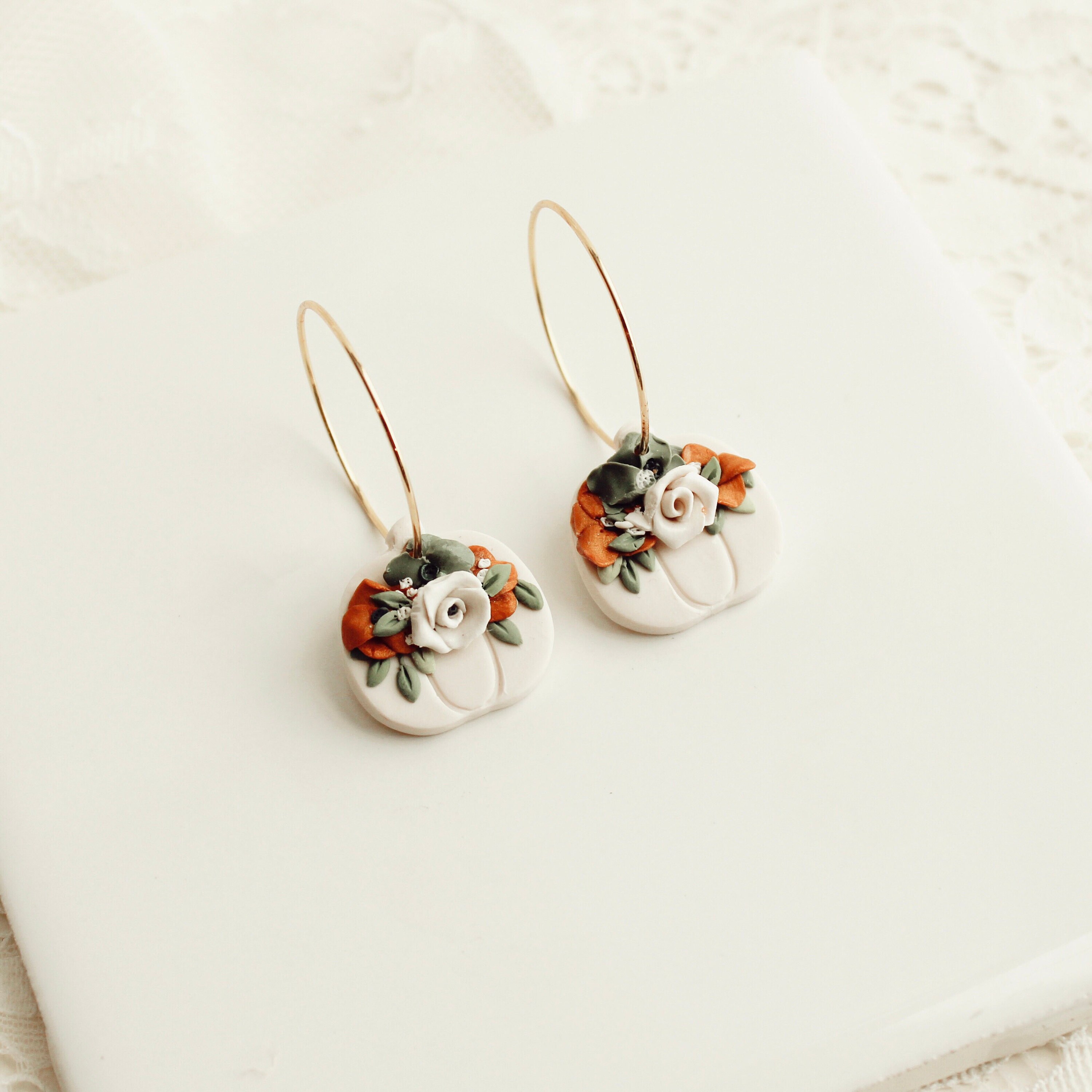 Elegant Pumpkin Florals, Pumpkin Hoop Clay Earrings, Pumpkin Floral P…