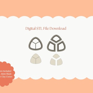 Peut inclure: Téléchargement de fichier STL numérique présentant deux modèles de découpeurs de biscuits triangulaires. Les modèles sont présentés sous forme de contours et de solides. Le texte de l'image indique "All Sizes Included Sharp .4mm Blade Polymer Clay Cutter."