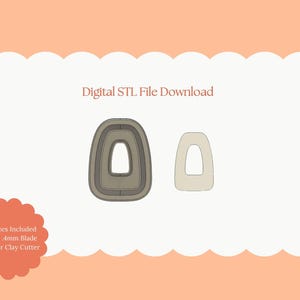 Può includere: Download di file STL digitale con due taglierine per argilla polimerica. Uno è una forma più grande, a strati, grigio-marrone con un'apertura centrale, e l'altro è una versione più piccola, bianco sporco. L'immagine è su sfondo pesca.