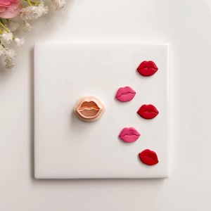 May include: A white square tile with a lip-shaped cookie cutter and several lip-shaped decorations in shades of pink and red. A pink flower and white flowers are in the upper left corner.
