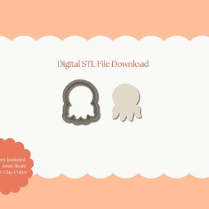 Może przedstawiać: Obraz przedstawiający dwa wykrawacze w kształcie ośmiornicy. Jeden to szary kontur, drugi to pełny beżowy kształt. Tekst "Digital STL File Download" znajduje się nad wykrawaczami. Czerwono-pomarańczowe koło z tekstem znajduje się w lewym dolnym rogu.
