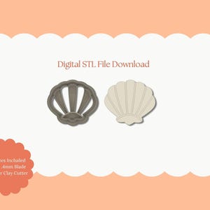 May include: Two seashell-shaped polymer clay cutters. One is a gray outline, and the other is a beige solid shape. The image includes the text "Digital STL File Download" and "All Sizes Included Sharp .4mm Blade Polymer Clay Cutter".