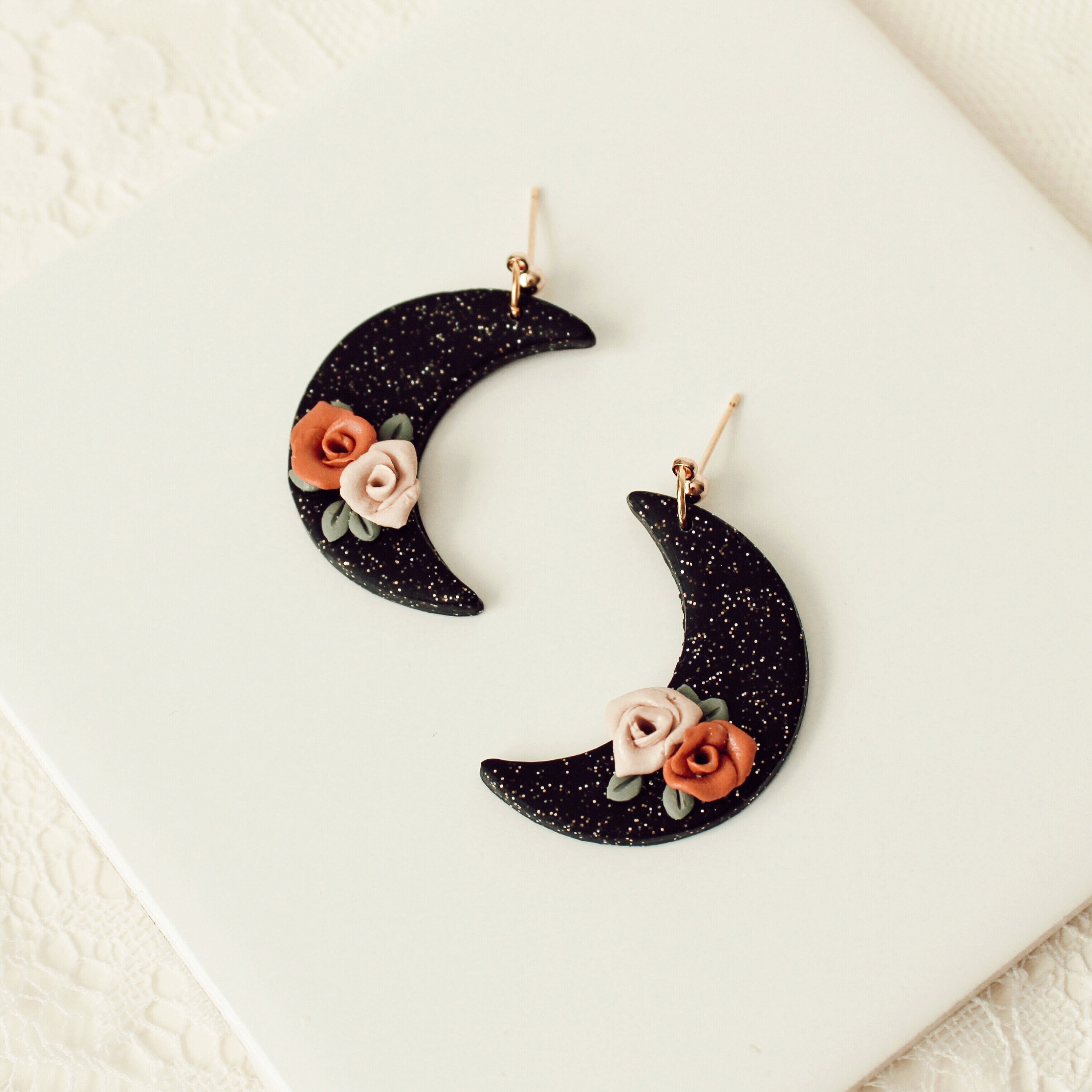 Elegant Black Moon Florals | Black Glitter Moon Drop Earrings, Moon P…