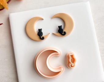 Cat and Moon Clay Cutter | Spooky Black Cat and Moon Theme Halloween Polymer Clay Cutters
