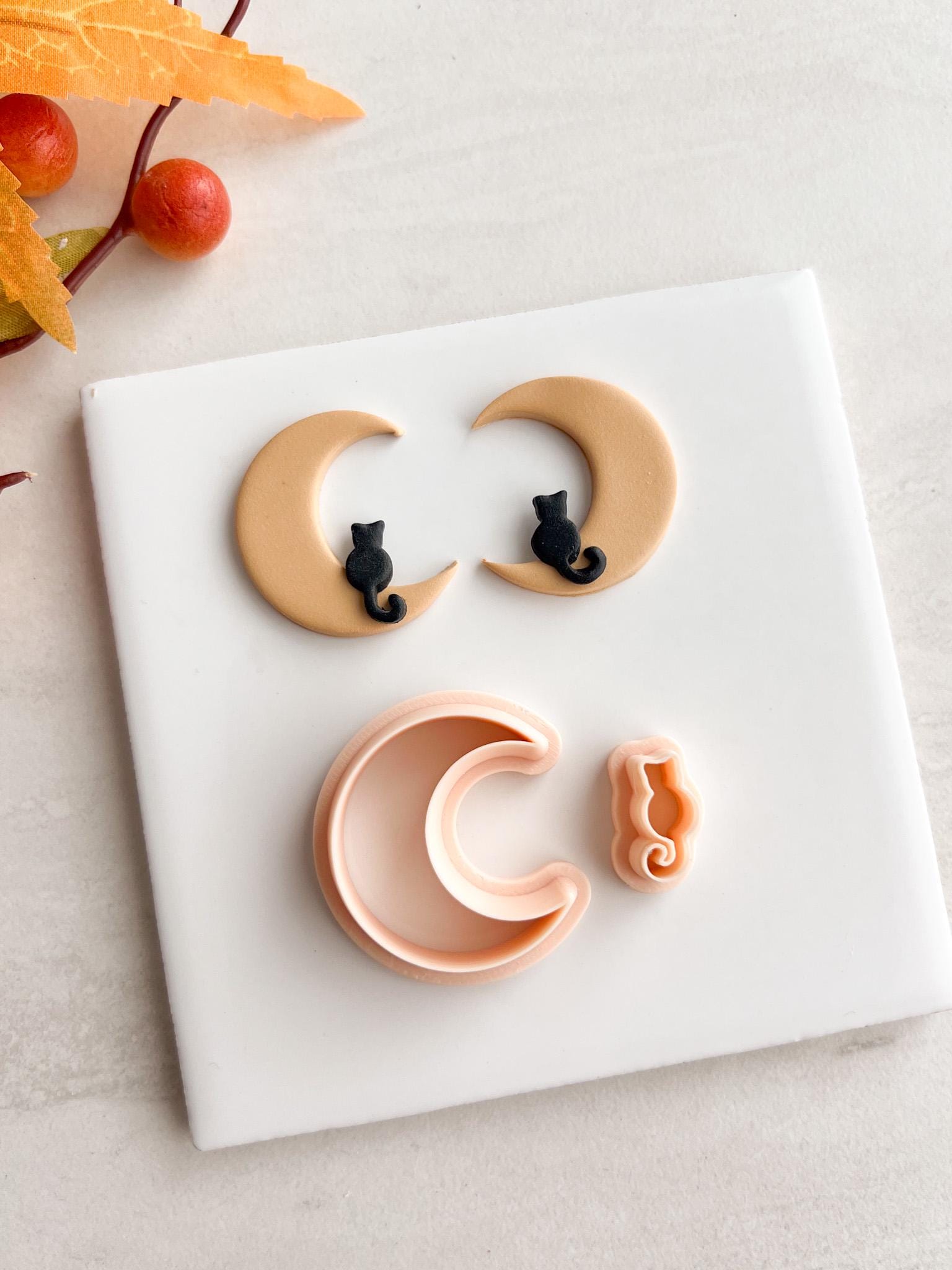 Cat and Moon Clay Cutter | Spooky Black Cat and Moon Theme Halloween Polymer Clay Cutters