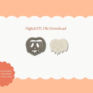May include: Two skull-shaped cookie cutters. One is a grey outline, and the other is a solid off-white colour. The image includes the text "Digital STL File Download" and "All Sizes Included Sharp .4mm Blade Polymer Clay Cutter."
