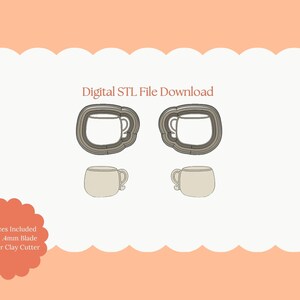 May include: Digital STL file download with a mug design. The image displays a mug outline and a mug shape, accompanied by the text "Digital STL File Download". The image also includes the text "All Sizes Included Sharp .4mm Blade Polymer Clay Cutter".