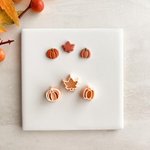 May include: A selection of autumn-themed cookie cutters shaped like pumpkins and leaves. The cutters are in shades of orange and tan, arranged on a white surface. Autumn leaves and berries are in the background.