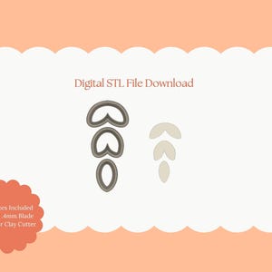 Può includere: Download di file STL digitale con taglierine per argilla polimerica. L'immagine mostra tre taglierine a forma di foglia e un set di tre taglierine curve. Il testo recita "All Sizes Included Sharp .4mm Blade Polymer Clay Cutter".