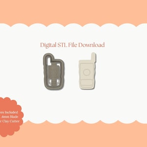 May include: Two cookie cutters shaped like retro cell phones. One is a dark gray color, and the other is off-white. The image includes the text "Digital STL File Download" and "All Sizes Included Sharp .4mm Blade Polymer Clay Cutter".