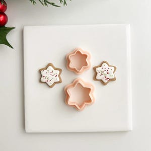 Op de afbeelding: Twee stervormige koekjessnijders en twee versierde koekjes zijn gerangschikt op een wit vierkant oppervlak. De koekjes hebben witte glazuur met rode en groene hagelslag. De koekjessnijders zijn lichtroze. Een takje groenblijvend en rode ornamenten staan op de achtergrond.