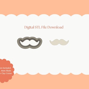 Op de afbeelding: Digitale STL-bestand download met twee snorontwerpen. Eén is een gelaagde, grijze snor en de andere is een eenvoudige, lichtbeige snor. De afbeelding bevat tekst: "All Sizes Included, Sharp .4mm Blade, Polymer Clay Cutter."